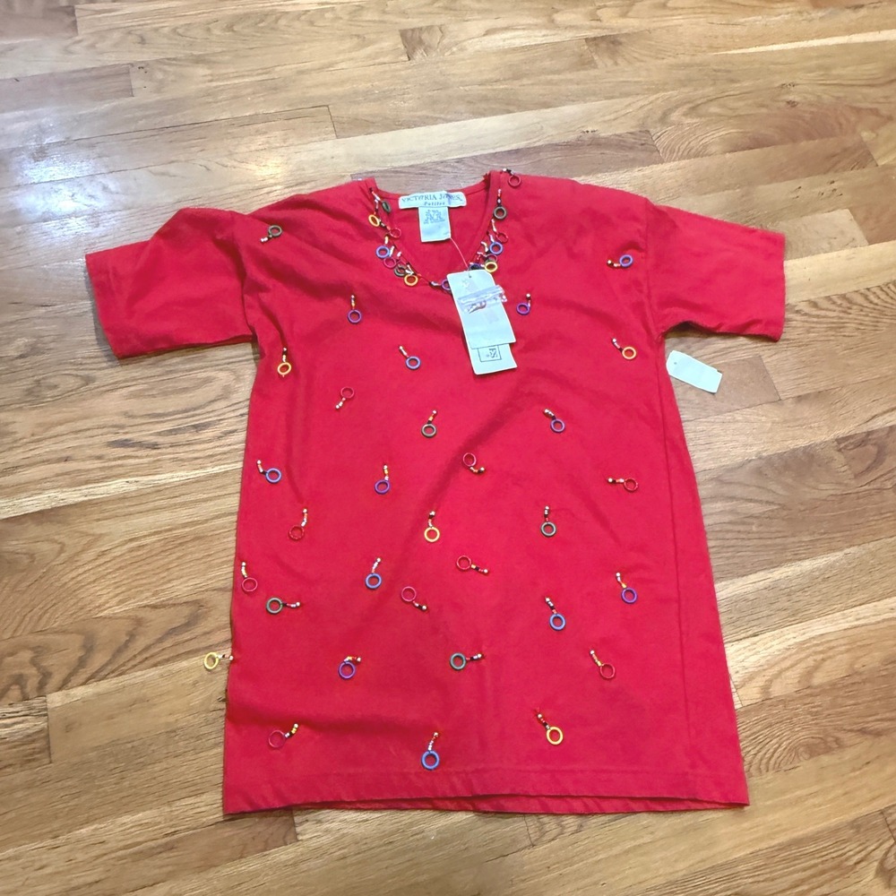 Victoria Jones Petites Red Cotton Beaded Ring Embellished T-Shirt Dress NWT PS